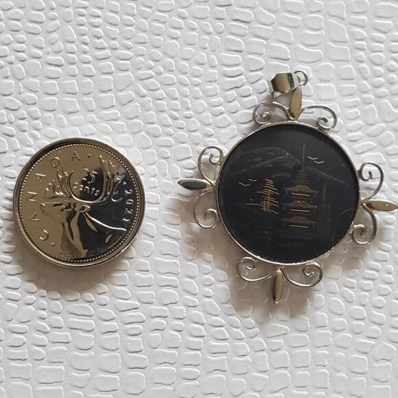 Vintage Damascene Asian Design Amita Sterling Silver Pendant - Picture 5 of 9